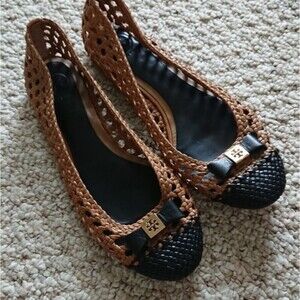 TORY BURCH tan and black Leather woven Ballet Flats size 7M